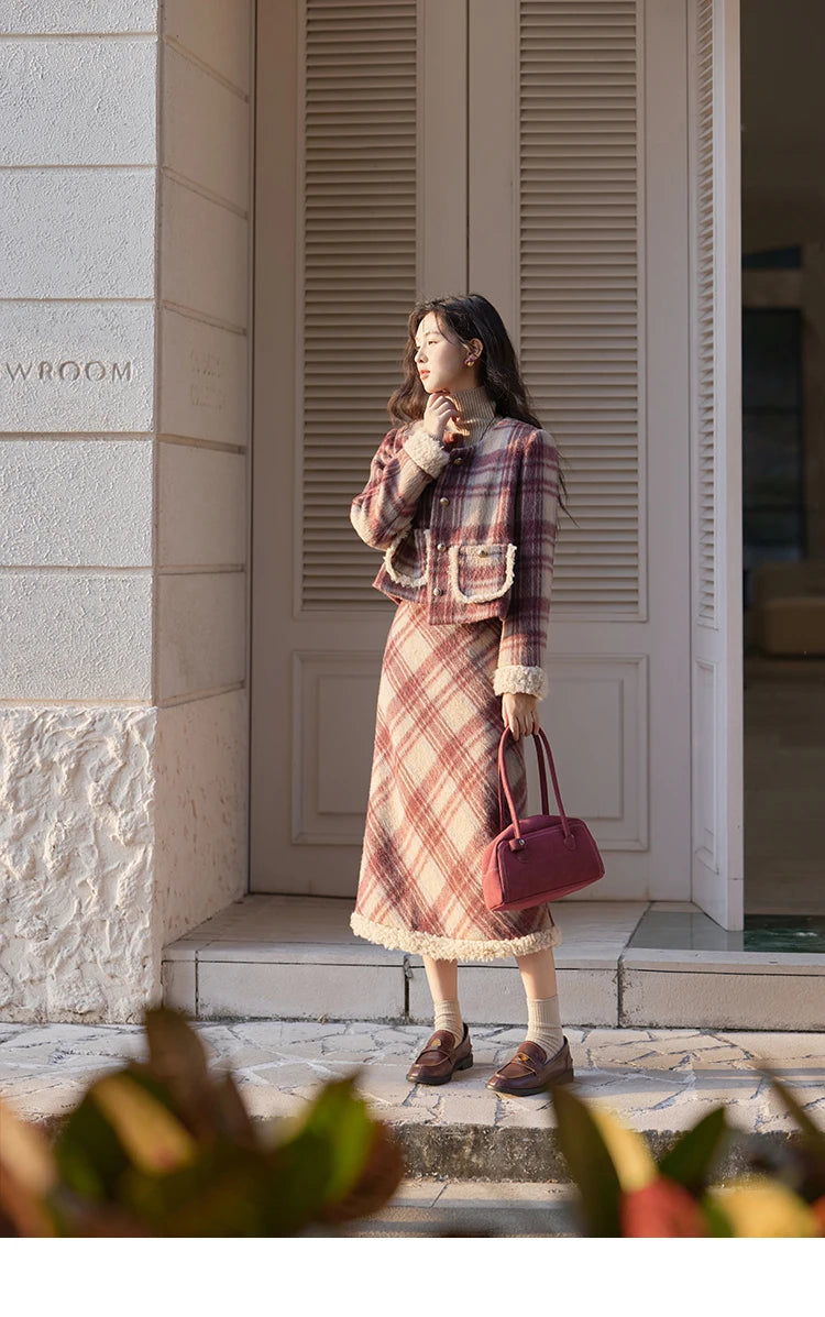 Mishow Plaid Tweed Jacket & Midi Skirt Set MXD54W0562