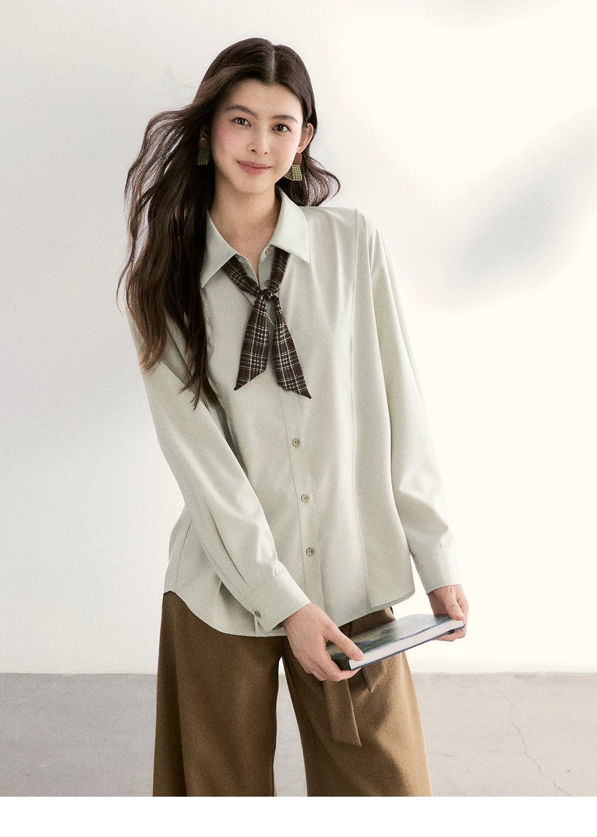 MISHOW Casual Loose Shirt with Plaid Scarf Lapel Top MXF108C0815