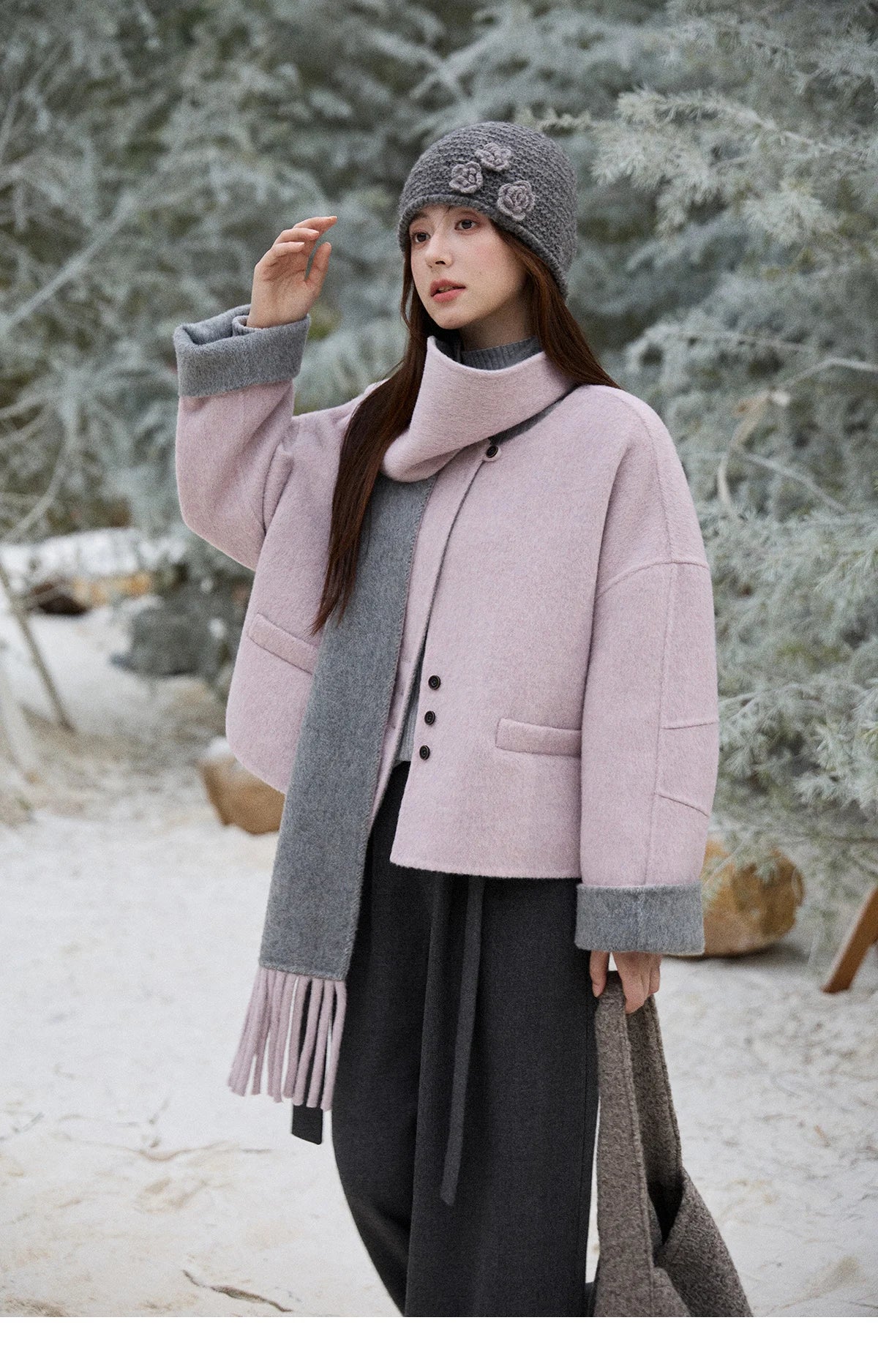 Mishow Tweed Wool Double-Faced Short Coat with Scarf MXE86W0977