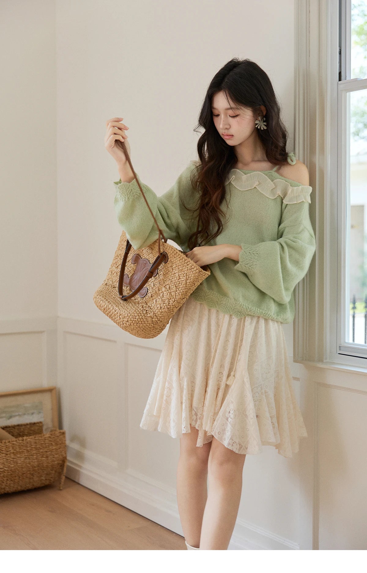 Mishow Light Green Asymmetrical Exposed Shoulder Top MXF108Z1027