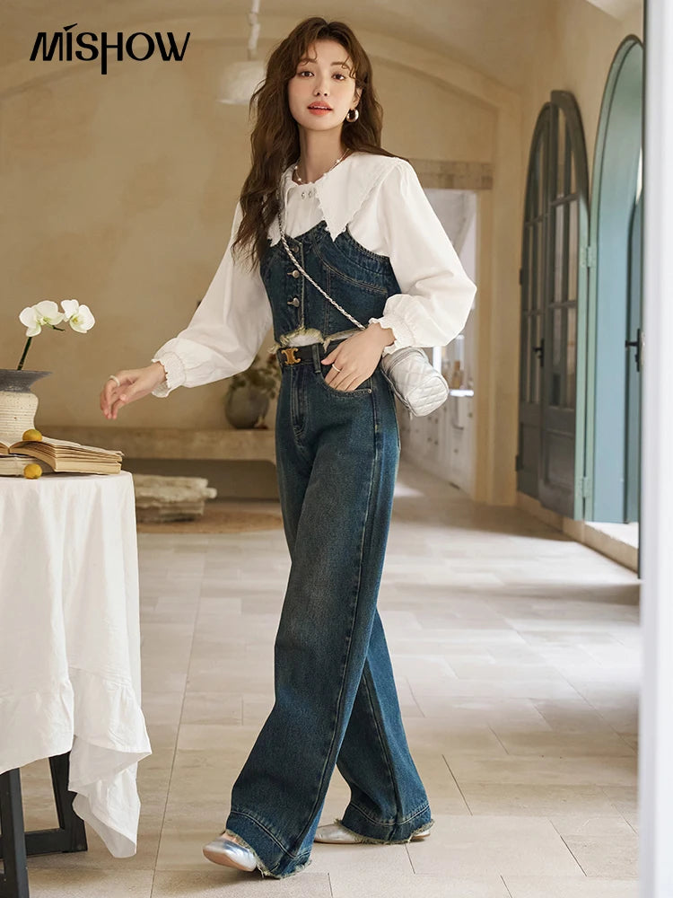 Mishow American Retro Wide Leg Jeans with Tassel Hem MXD12K0538