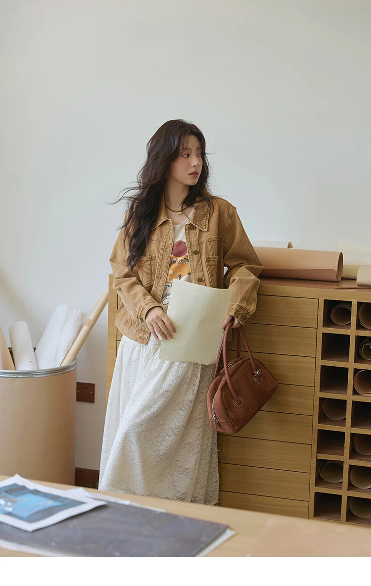 MISHOW Light Brown Denim Jacket Embroidered Pockets Dropped Sleeve MXE41W0795