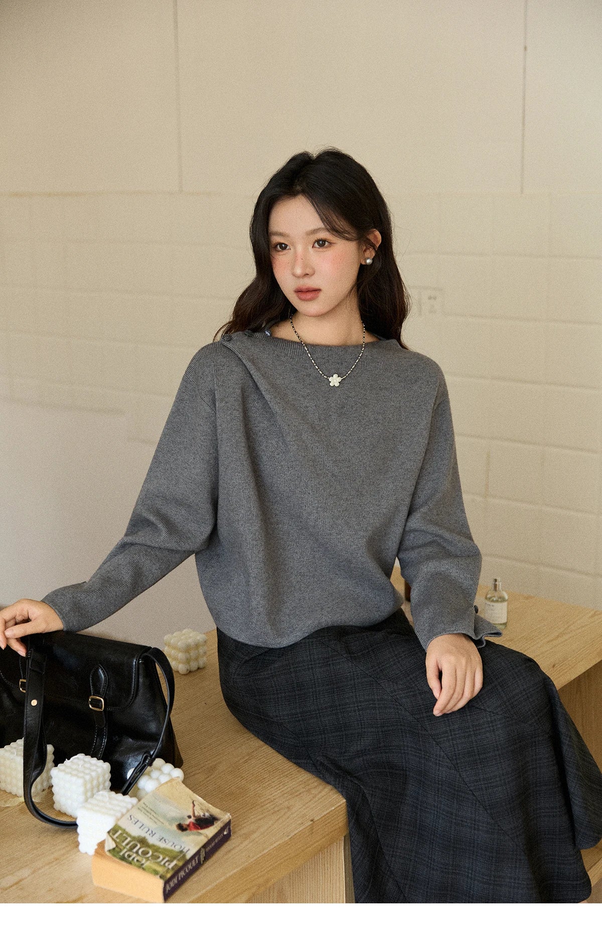 Mishow Gray French Diagonal Placket Knit Pullover MXE86Z2744