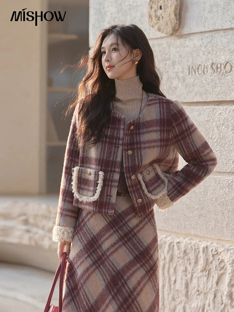 Mishow Plaid Tweed Jacket & Midi Skirt Set MXD54W0562