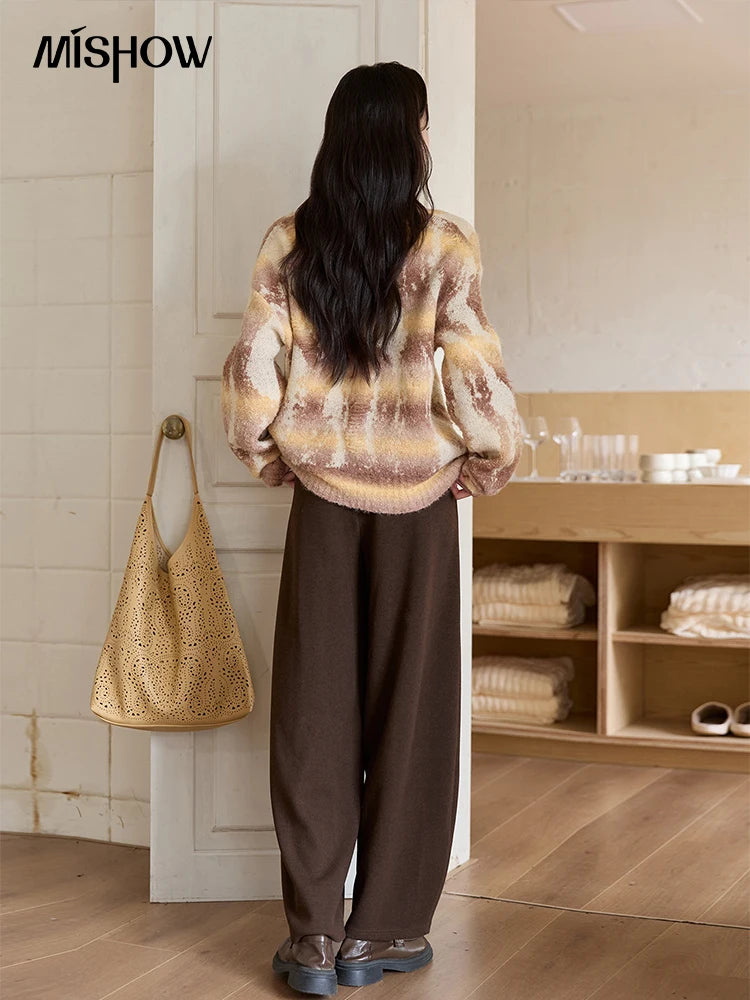 Mishow Yellow Coffee Gradient V-Neck Cable Knit Sweater MXE51Z2627
