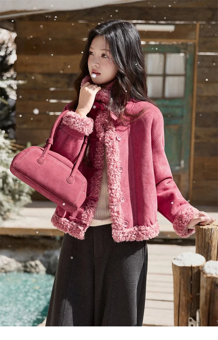 Mishow Dragon Fruit Red Suede Patchwork Coat MXE87W0942
