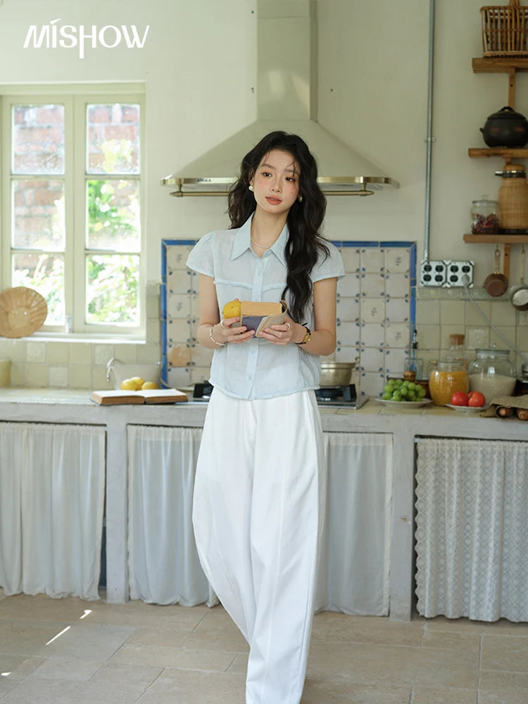 MISHOW Turn-Down Collar Button Shirt Edge Splicing Short Sleeve MXE39C2363