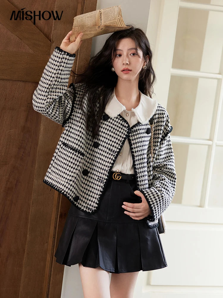 Mishow Red Plaid Double Breasted Tweed Jacket MXD56W0631