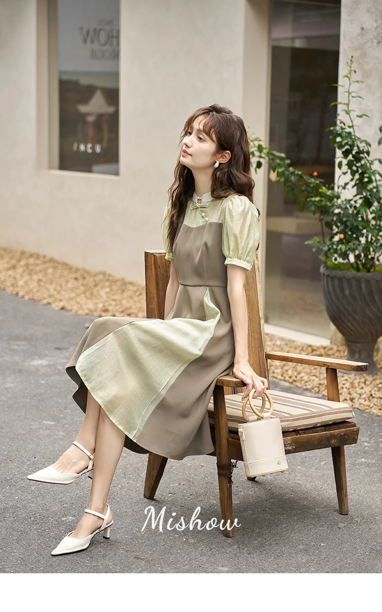 Mishow Chinese Style Puff Sleeve Fake Two-Piece Dress MXC35L1354