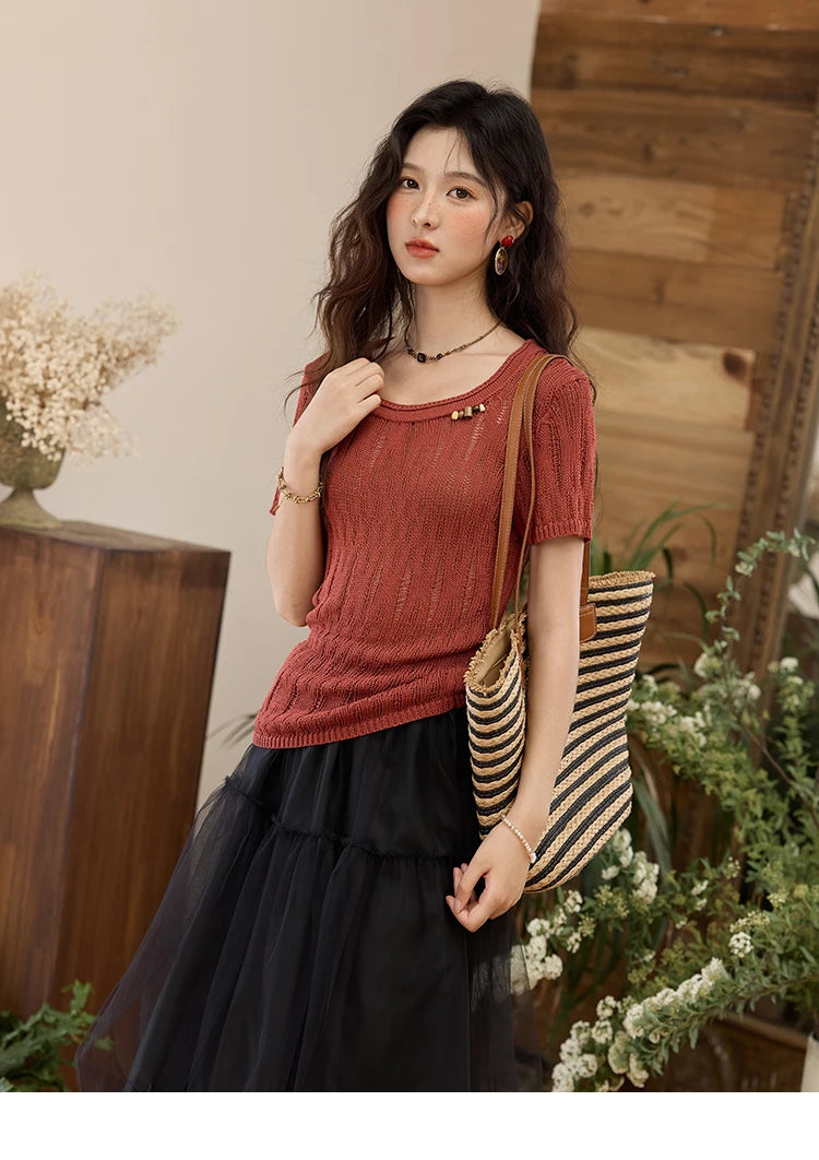 Mishow Retro Red Hollow Bead Knit Tee MXE35Z1271