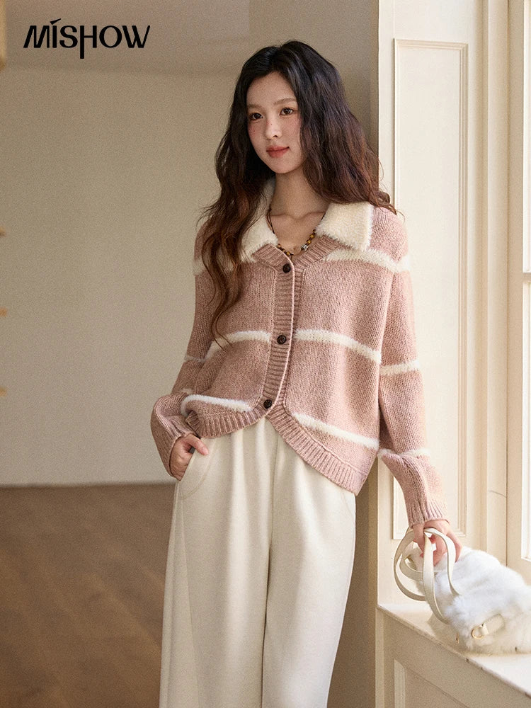 Mishow Faux Mink Turn-Down Collar Striped Cardigan MXE89Z2668