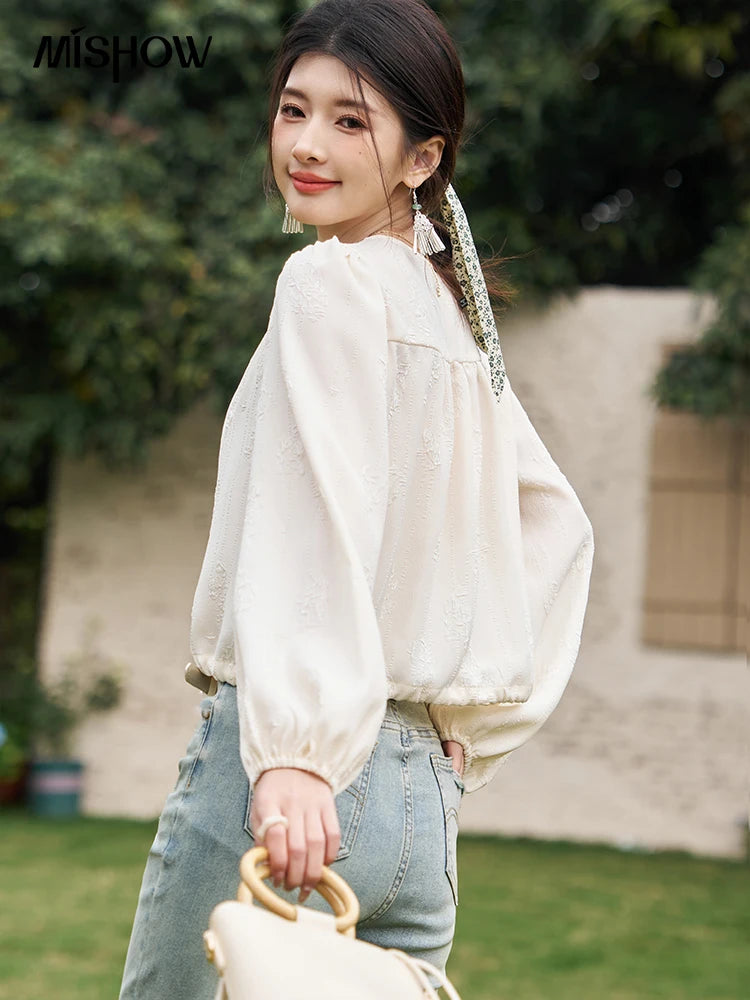 MISHOW Chinese Button Up Shirt Jacquard Drawstring Puff Sleeve MXD14X1386