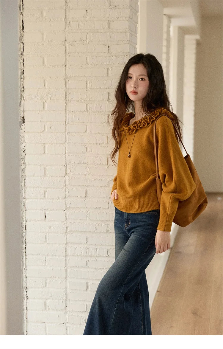 Mishow Orange Lotus Edge Lantern Sleeve Pullover MXE86Z2726