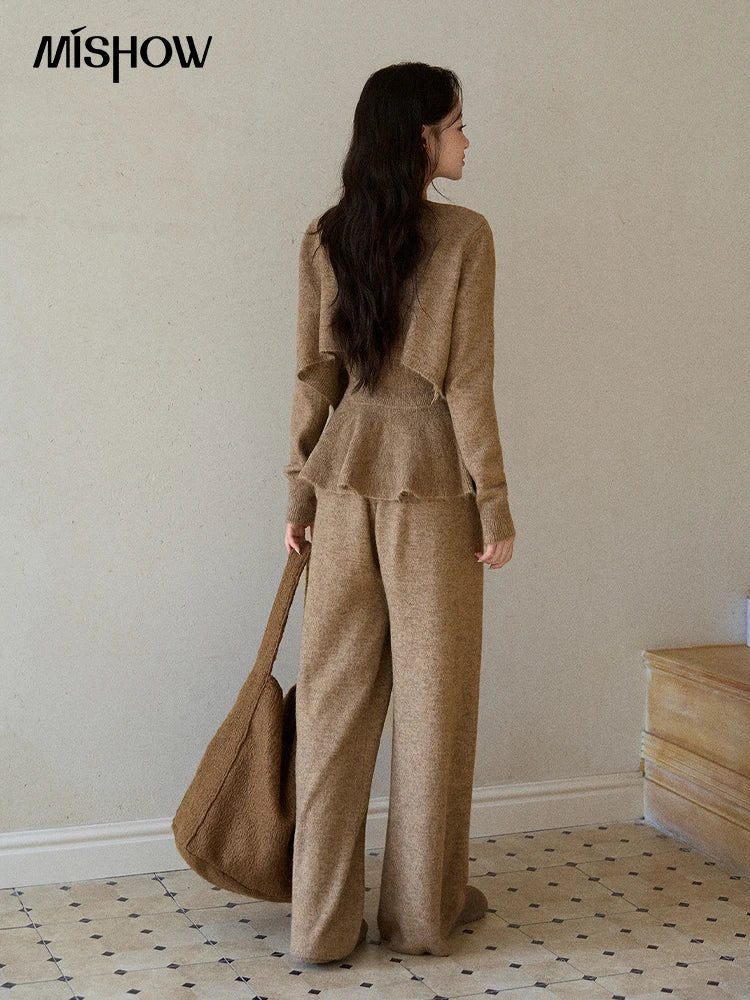 Mishow Khaki Knitted Three-Dimensional Floral Camisole Cardigan & Wide Leg Pants Three-Piece Set MXE87T1449