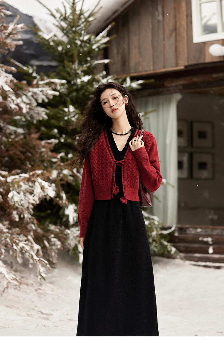 Mishow Red Knitted Cardigan & V-Neck Midi Dress Set MXD58L2085