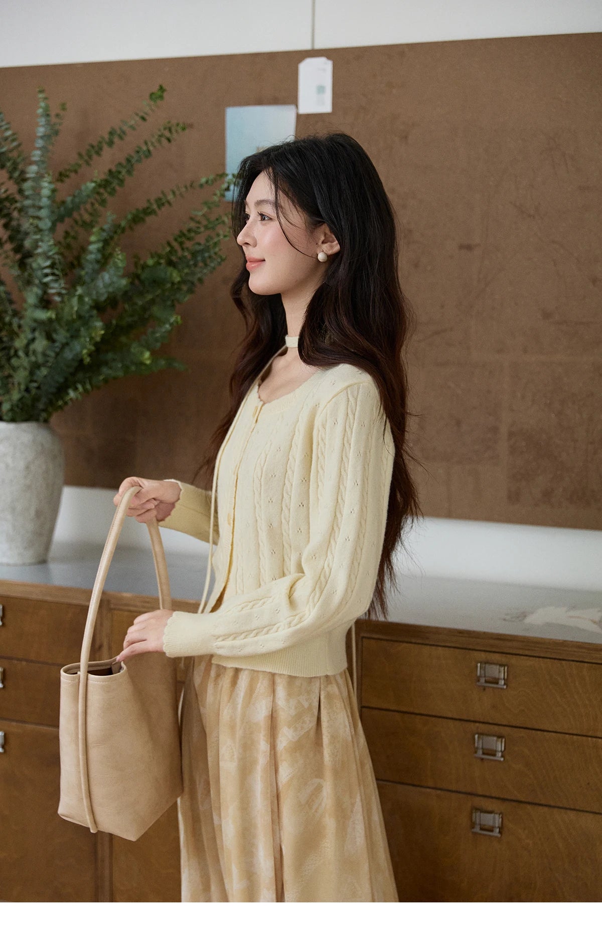 Mishow Beige Cable Knit Square Neck Cardigan MXF11Z2903