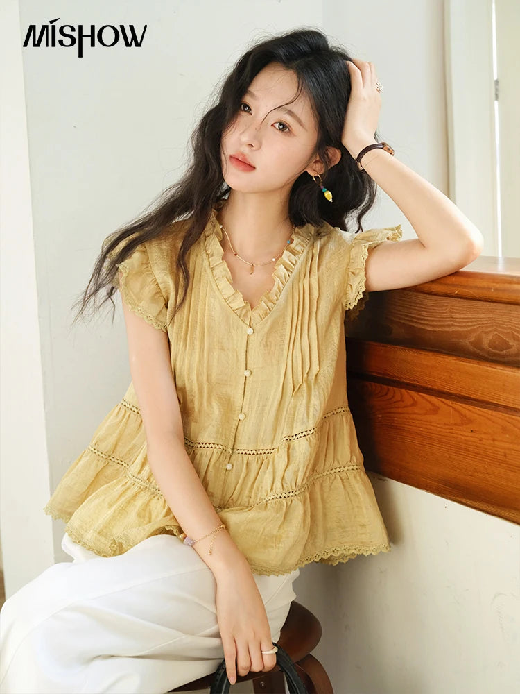 MISHOW Wood Ear V-Neck Shirt Flying Sleeve Wrinkle Spliced MXE37X1908