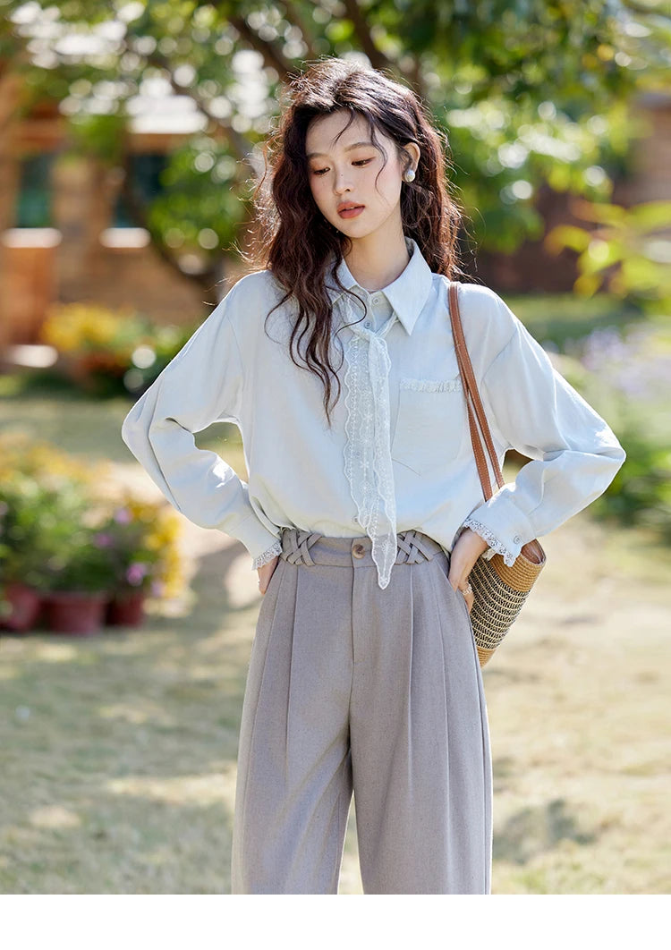 MISHOW Lace Trim Blouse Turn-Down Collar MXE16C0760