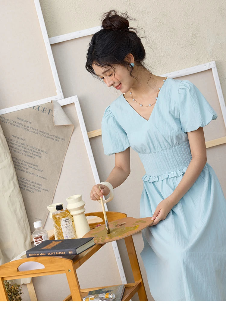 Mishow French Puff Sleeve V-Neck Cotton Dress MXE34L2288