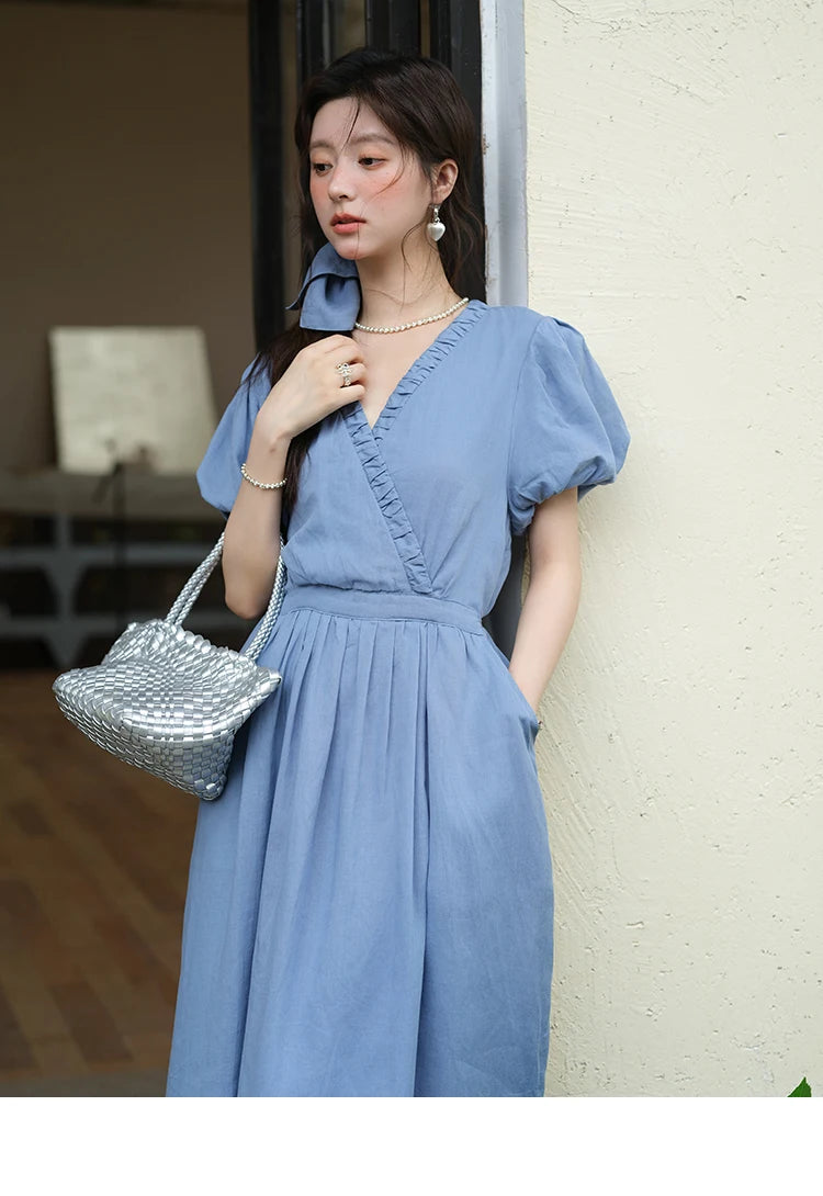 Mishow V-Neck Puff Sleeve Pocket Sash Dress MXE39L2381
