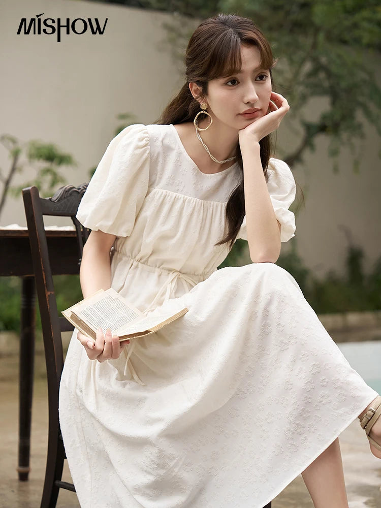 Mishow French Drawstring Waist Puff Sleeve Dress MXC38L1415