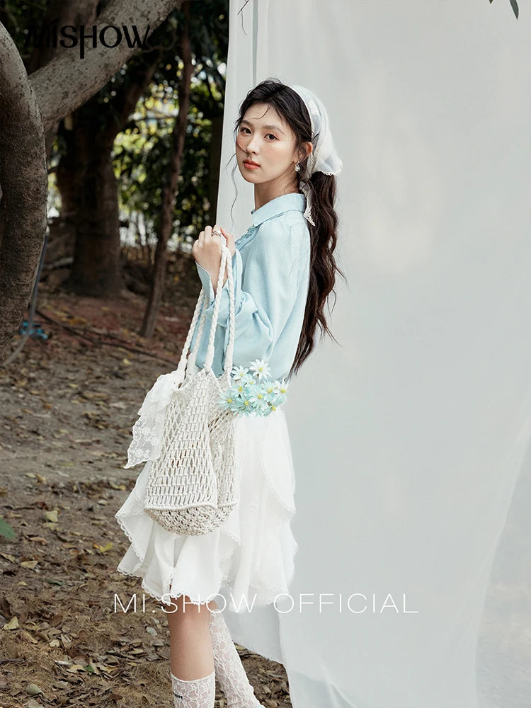 MISHOW V-Neck Long Flare Sleeve Solid Blouse MXE14X1730