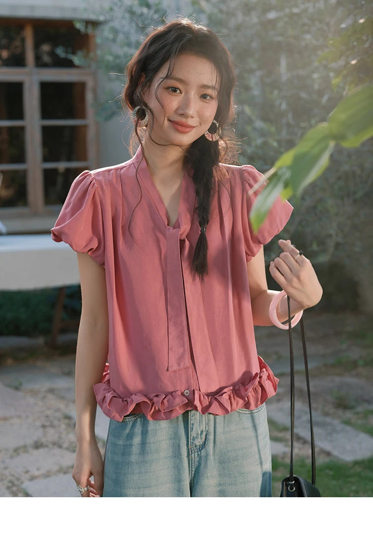 MISHOW V-Neck Puff Sleeve Blouse Lace Up Button Sweet MXE38X1914