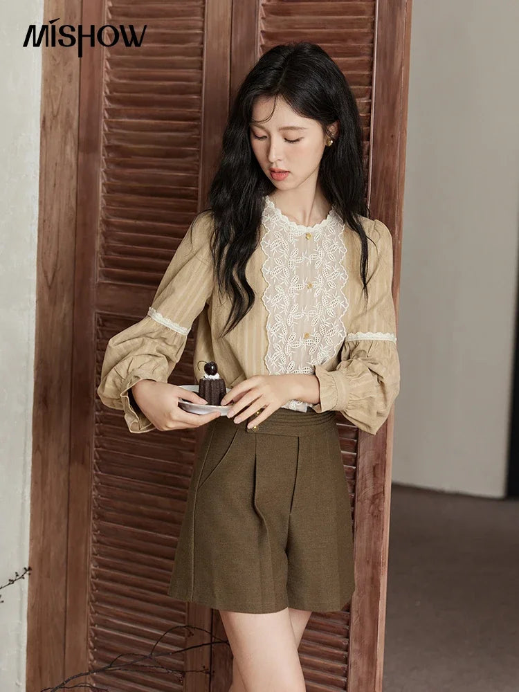 MISHOW Mesh Embroidery Blouse Lace Collar Lantern Sleeve MXD47X1664