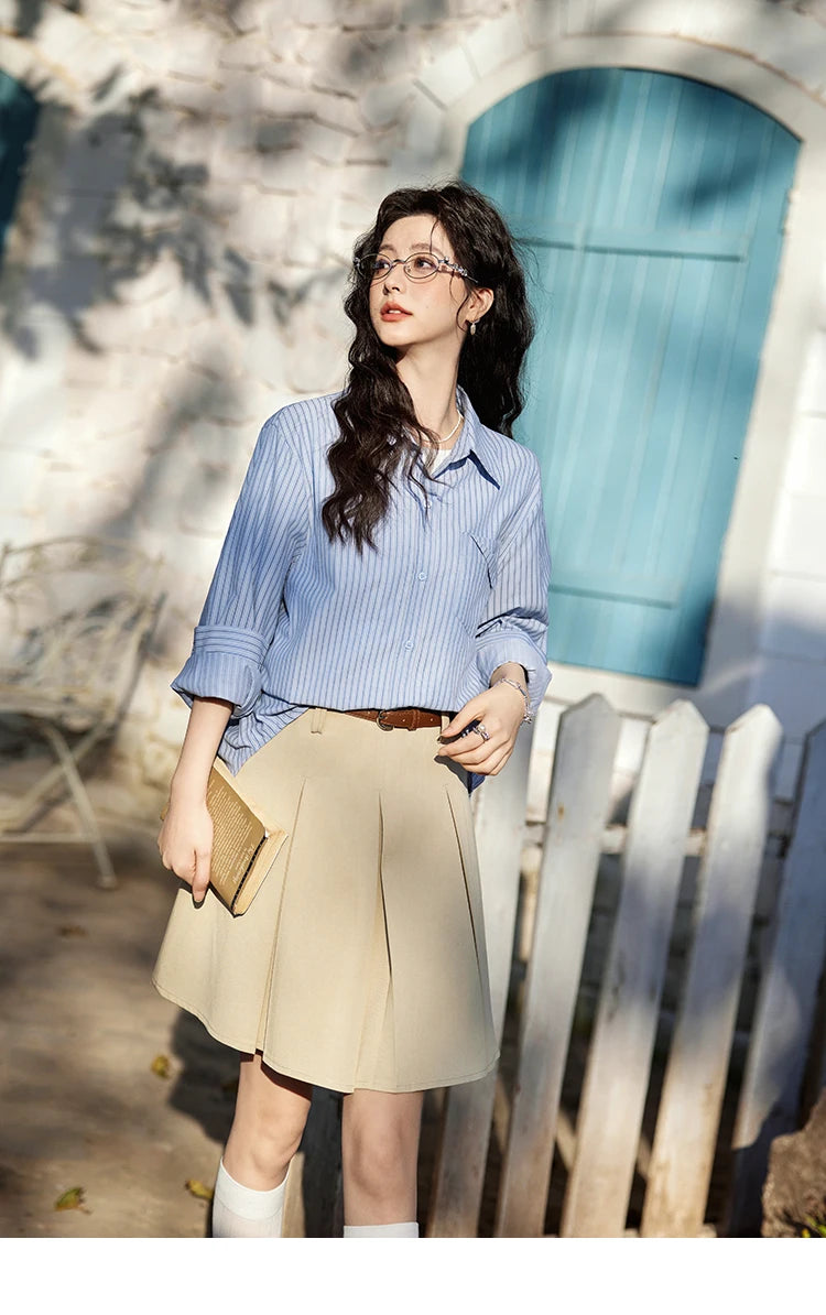 MISHOW Blue Striped Shirt Pocket Turn-Down Collar MXE11C0399