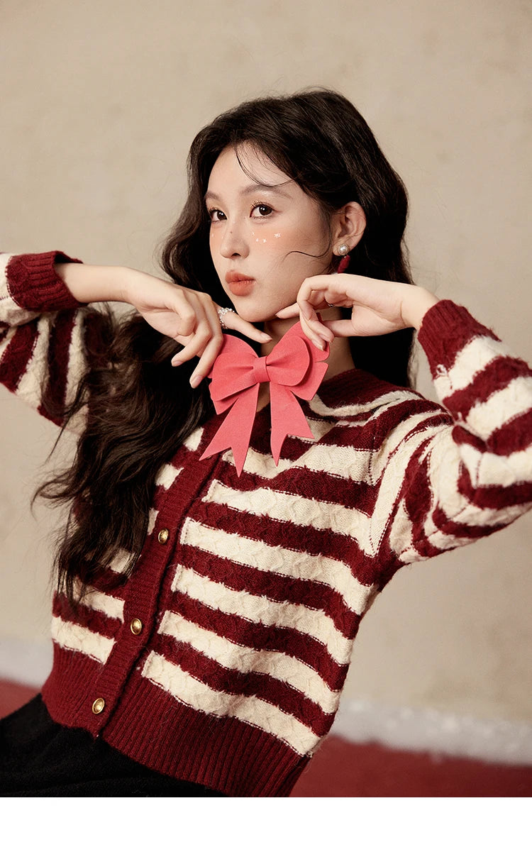 Mishow Christmas Red Striped Wool Blend Cropped Cardigan MXD58Z1038