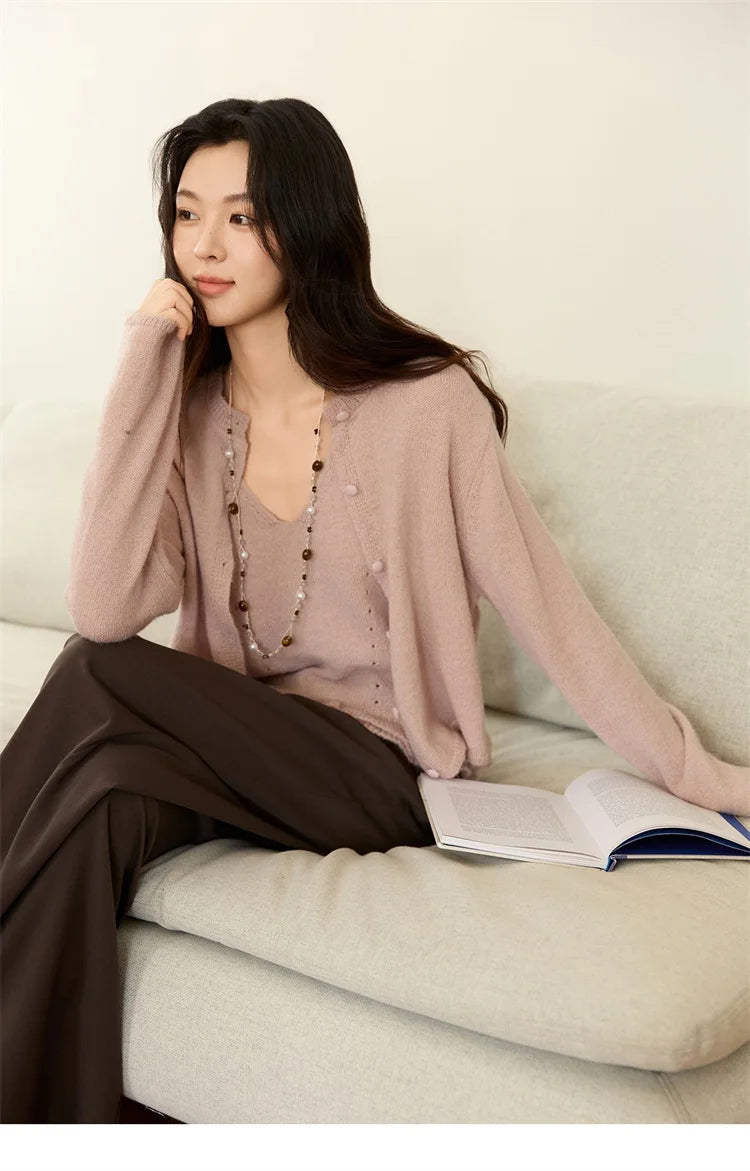 Mishow Pink Crew Neck Cardigan & Suspenders Set MXE48T1404