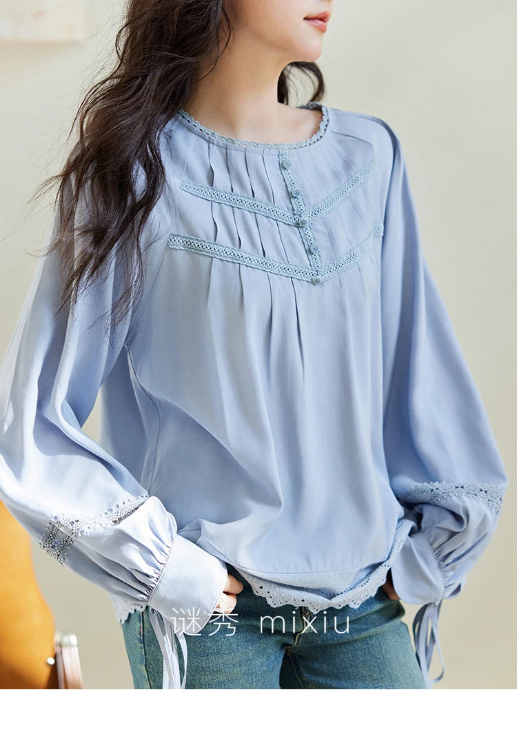 MISHOW Blue Lace Patchwork Shirt Wave Edge Lantern Sleeve MXE14X1716
