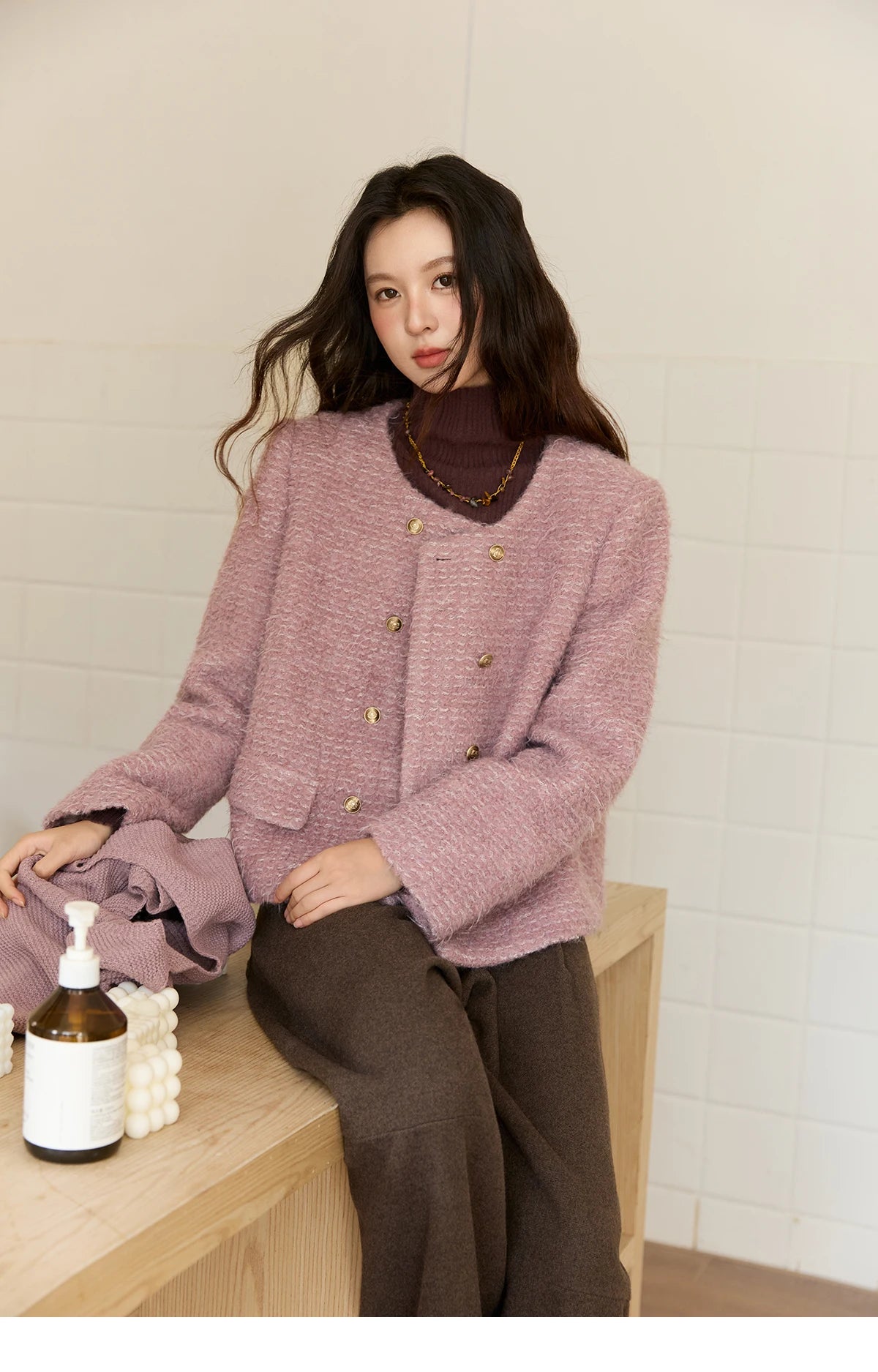 Mishow Purple Double-Breasted Tweed Wool Coat MXE88W0881