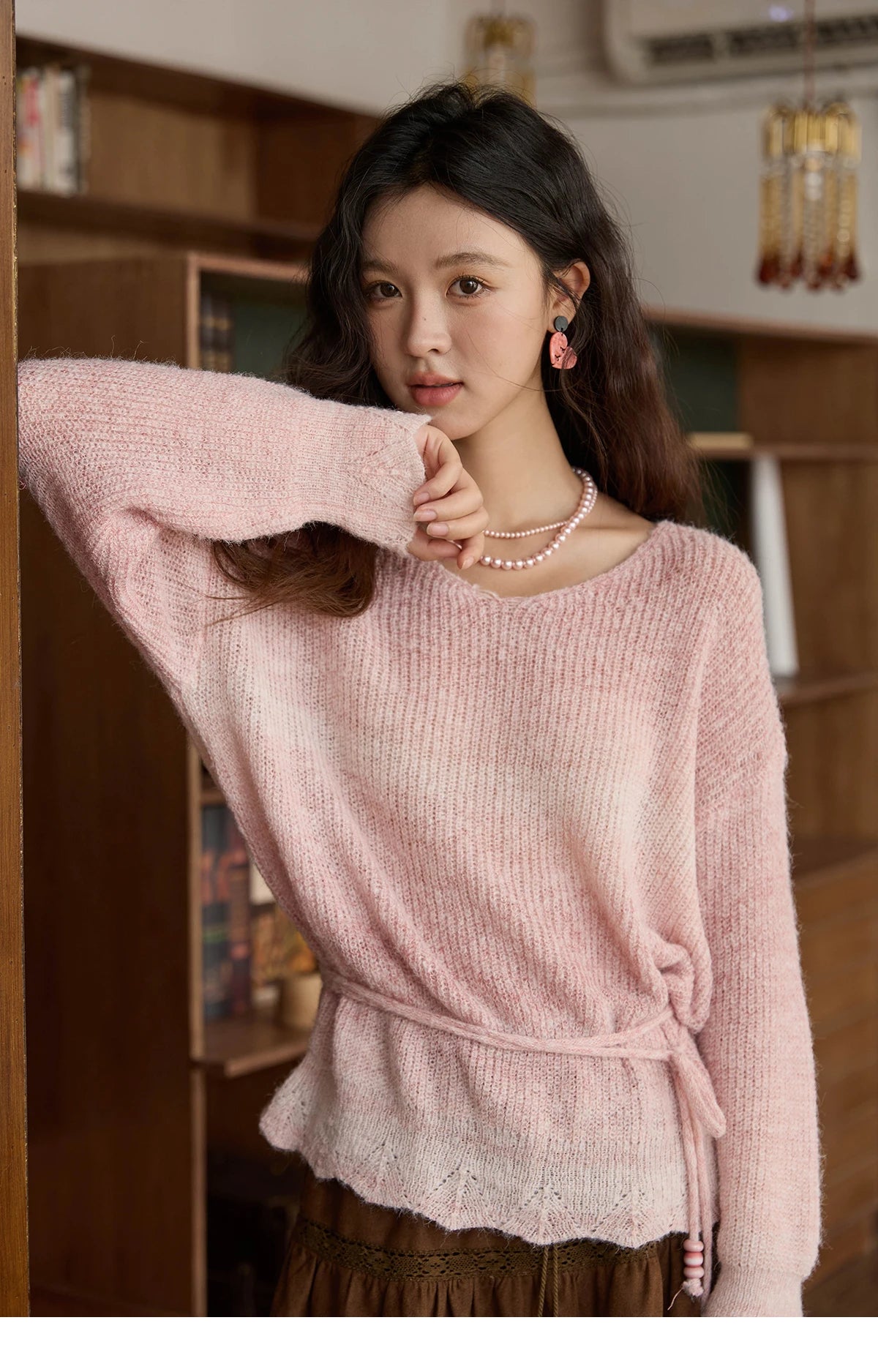 Mishow Pink Gradient Ribbed Cuff Sweater with Rope MXE43Z1334