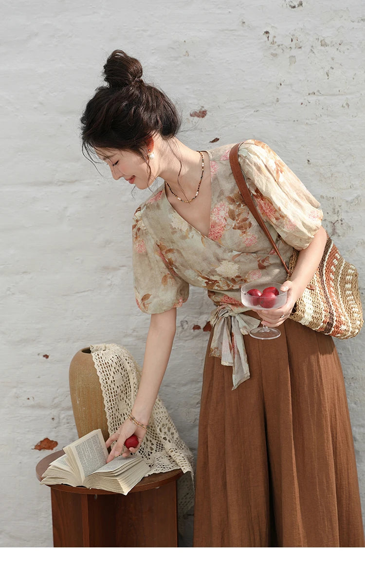 MISHOW French V-Neck Floral Puff Sleeve Blouse MXD28X1619