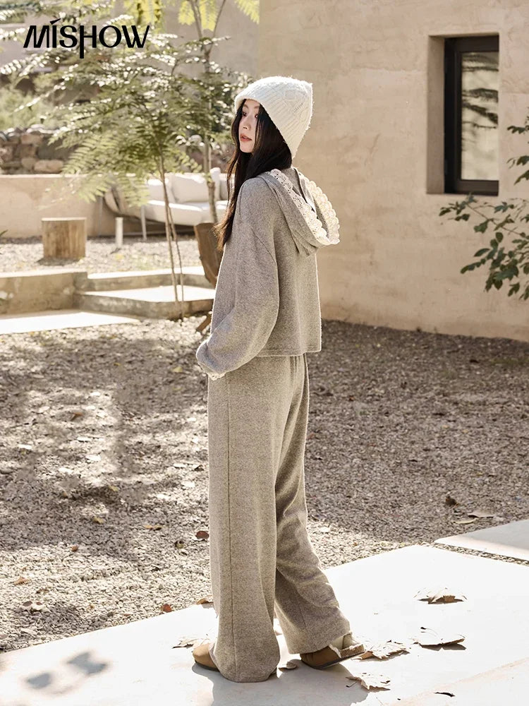 Mishow Lace Splicing Hooded Sweatshirt & Wide Leg Pants Set MXD34V0098
