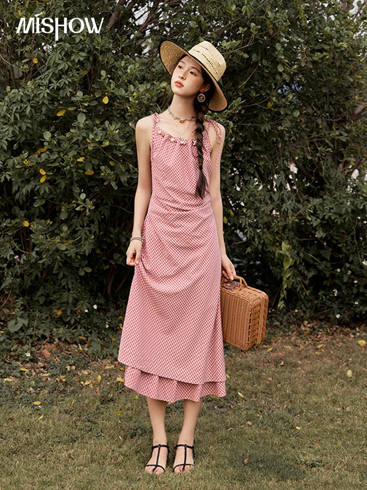 Mishow Red Plaid Sleeveless Elastic Waist Dress MXE32L2198