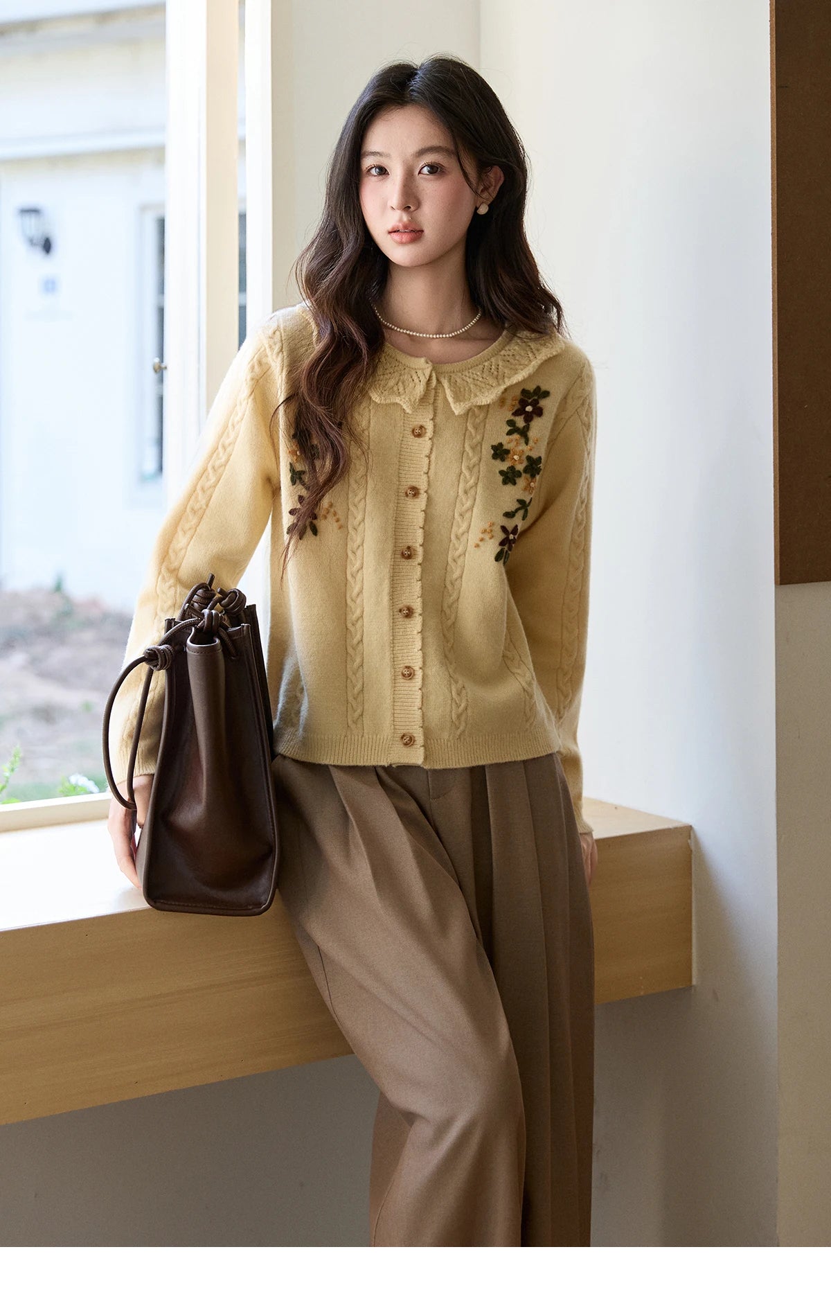 Mishow Peter Pan Collar Floral Cable Cardigan MXF11Z2904