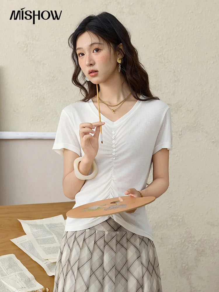 Mishow V-Neck Front Elastic Shell Button Tee MXE34T0560