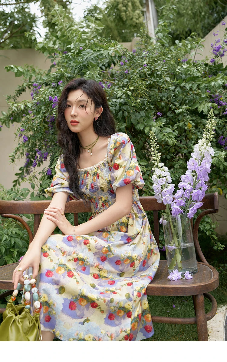 Mishow Floral Smocked Puff Sleeve Beach Dress MXD24L1905