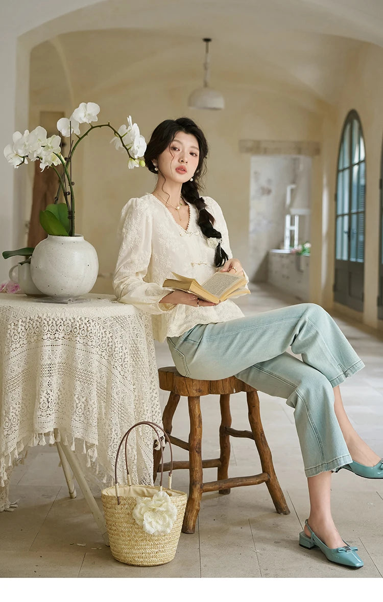 MISHOW Chinese Lace Blouse V-Neck Embroidery MXD14X1433