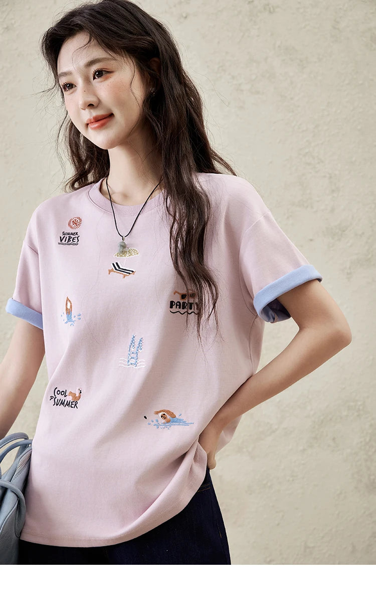 Mishow Embroidered Cartoon Round Neck Tee MXE16T0506