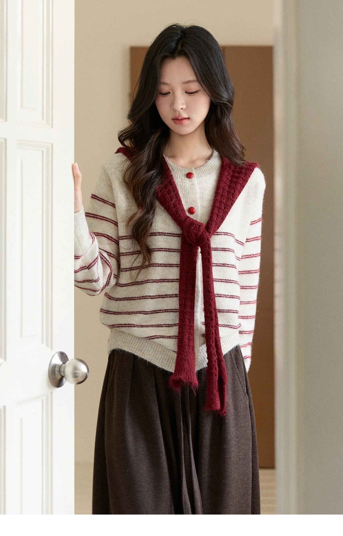 Mishow Beige Striped Red Scarf Button Cardigan MXE93Z2948