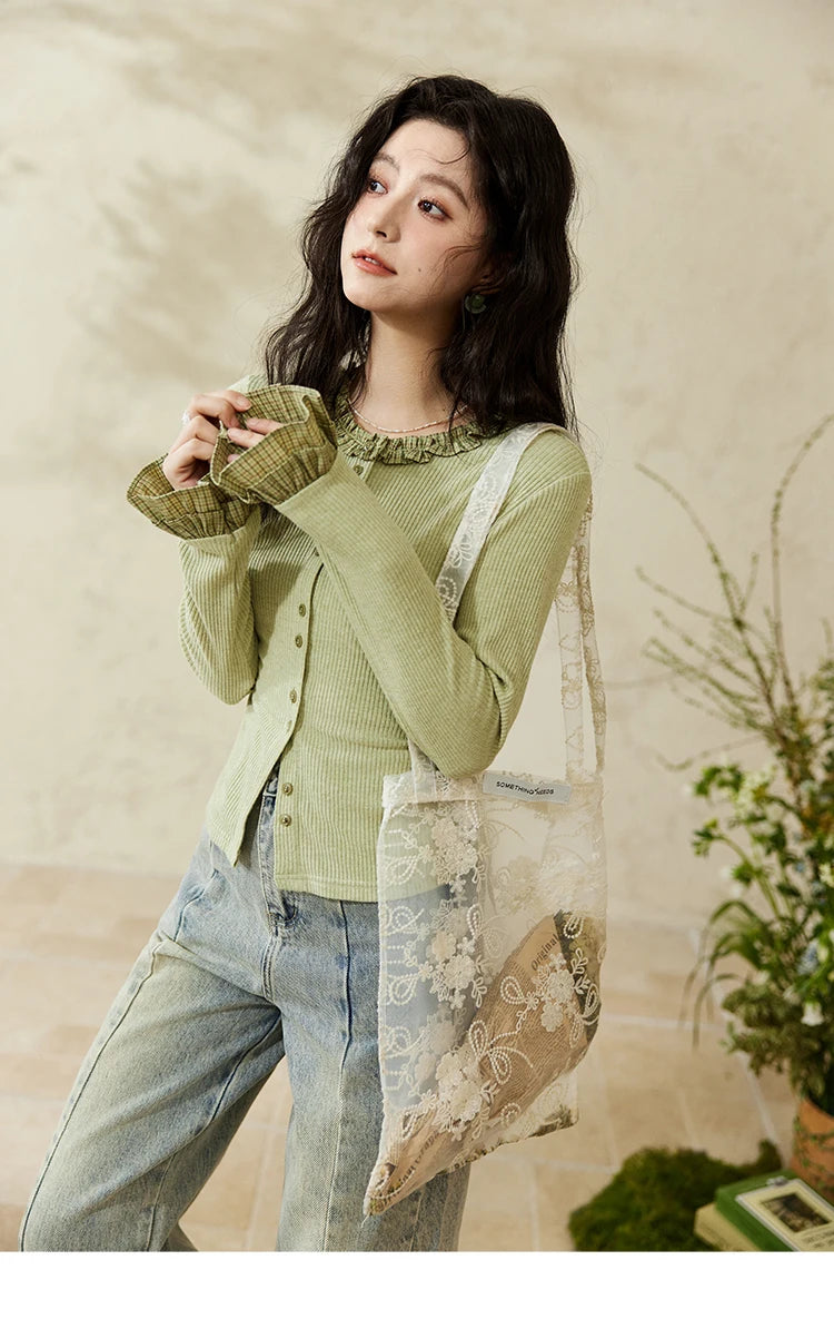 Mishow Green Plaid Lotus Leaf Sleeve Tee MXE14Z1152