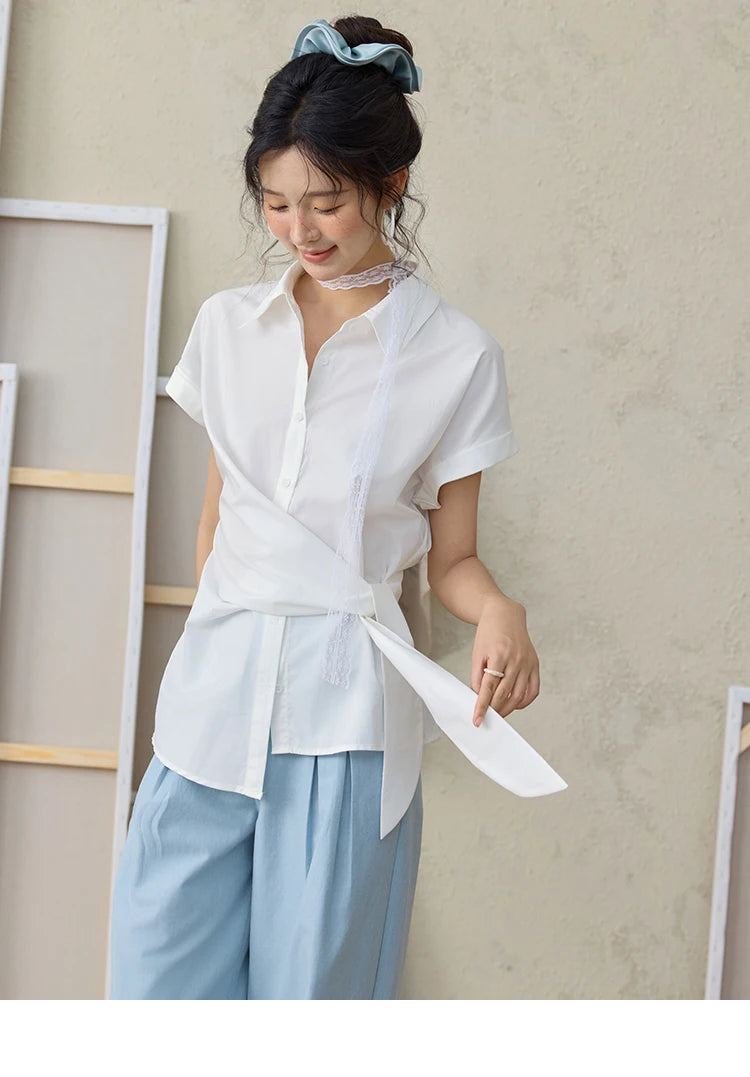 MISHOW Sea Salt Blue Wide Leg Pants Contrasting Bead Belt MXE35K0931