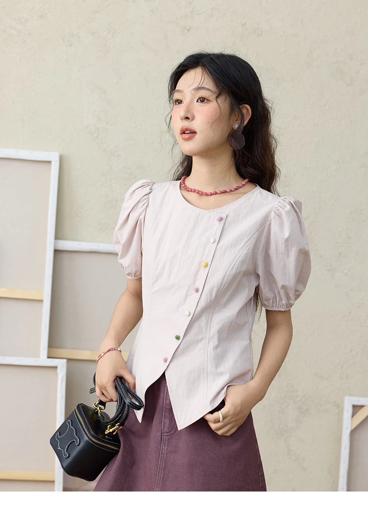 MISHOW Bubble Sleeve Blouse Irregular Placket Rainbow Buttons MXE34X1782