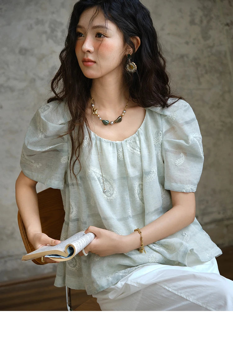 MISHOW O-Neck Print Blouse Embroidery Puff Sleeve Loose MXE34X1807