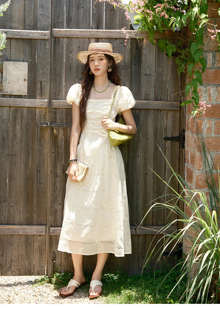 Mishow Paisley Embroidery Square Neck Puff Sleeve Dress MXE34L2265