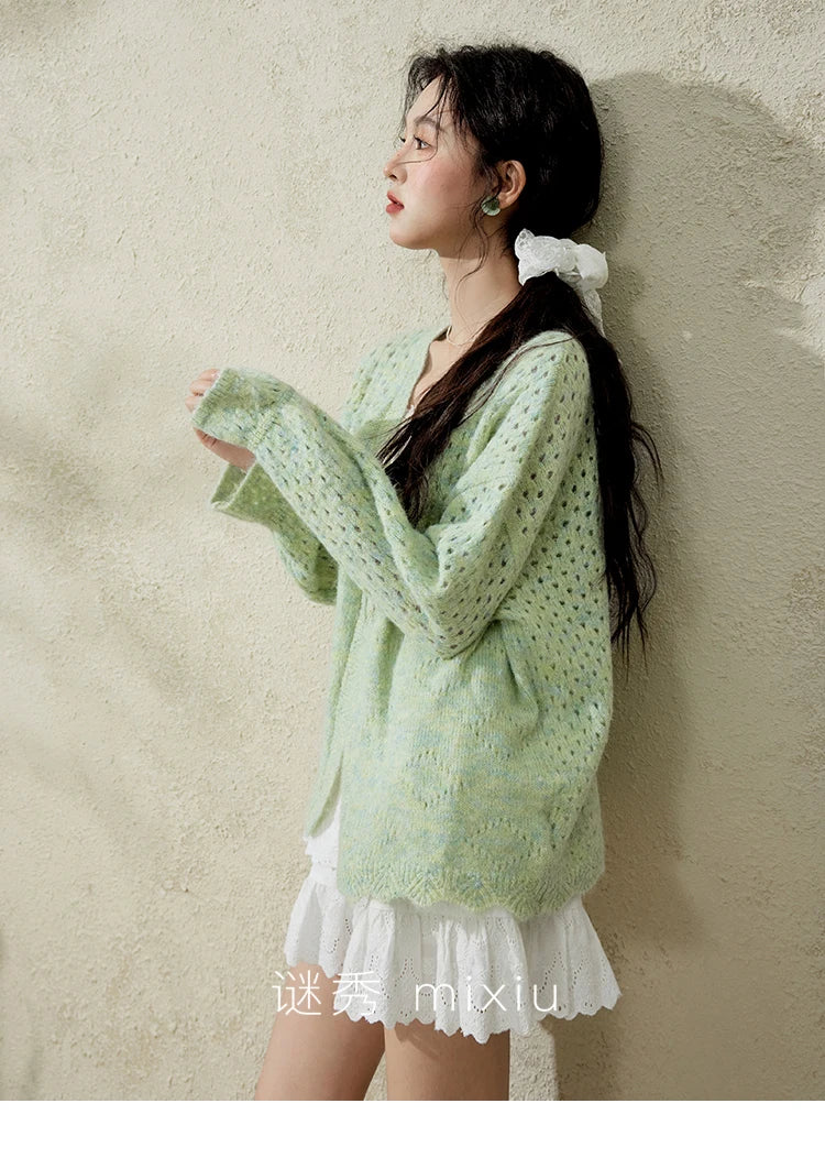 Mishow Green Hollow Out Wave Neck Cardigan MXE12Z1212