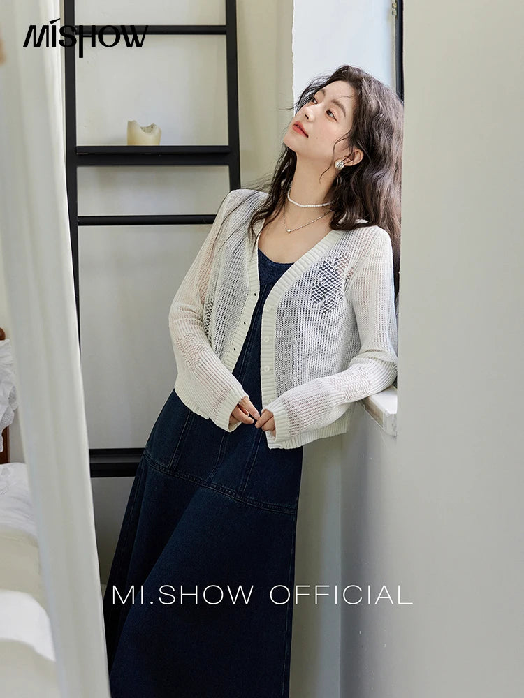 Mishow Denim Camisole Hollowed Out Lace Edge Dress MXE13L2094